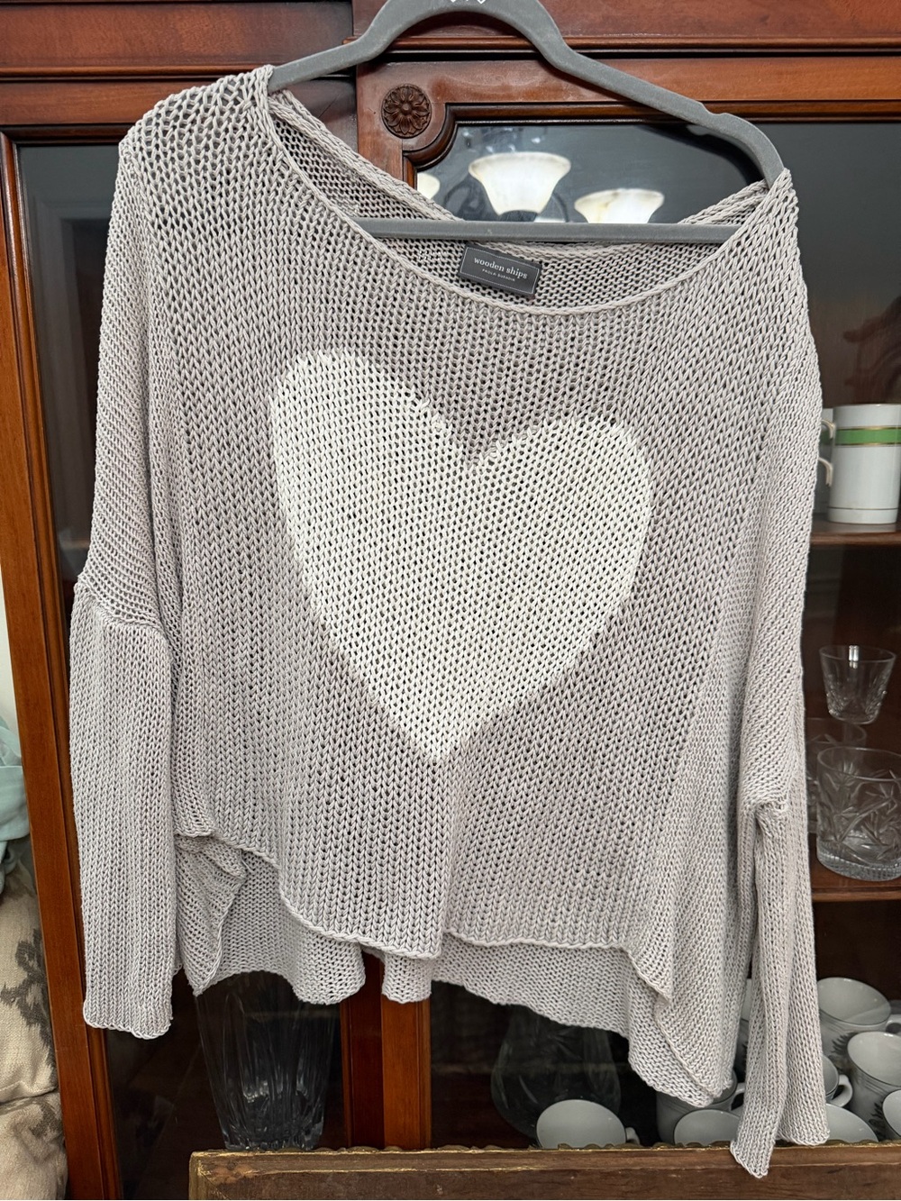 Wooden Ships Taupe Open-Knit Sweater with White Heart